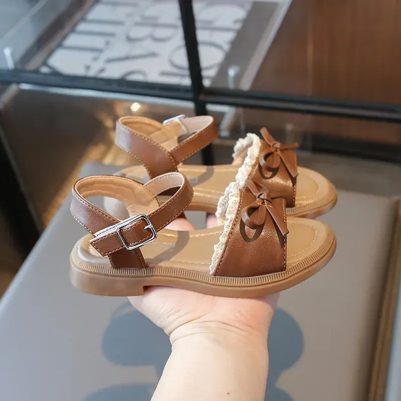 2025 Summer Little Girl Lace Sandals Korean Style New Sandal Beach for Children Fashion Bowknot Kids Causal Princess Flat Sandal