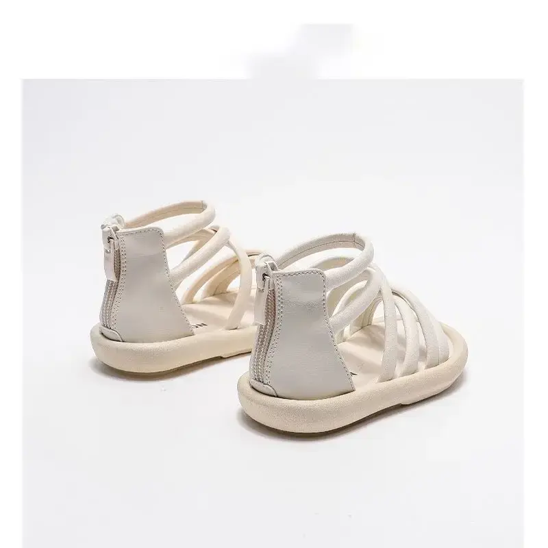 Kids Princess Shoes Back Zipper Open Toes Girls Sandals Soild Color Versatile 2025 Summer Kids Roman Shoes Gladiator Non-slip