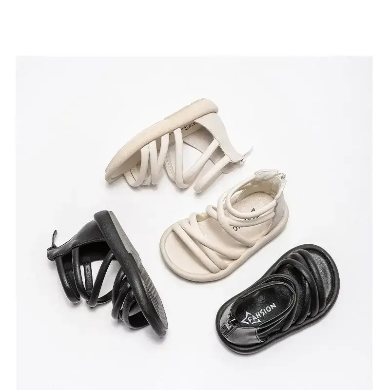 Kids Princess Shoes Back Zipper Open Toes Girls Sandals Soild Color Versatile 2025 Summer Kids Roman Shoes Gladiator Non-slip
