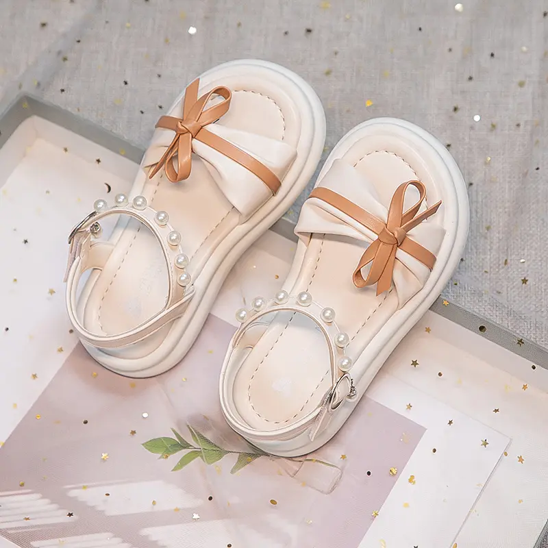 Girls Sweet Princess Sandals Soft Bottom Children Summer Beach Shoes Non-Slip Soft Sole Kids Flats Beading Sandals with Bow-knot