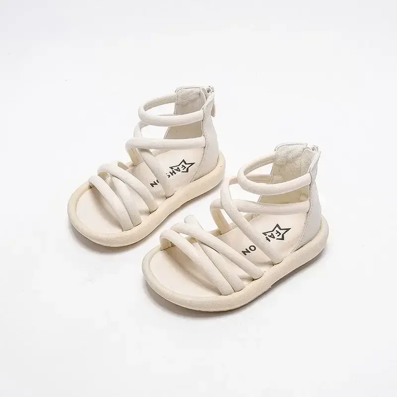 Kids Princess Shoes Back Zipper Open Toes Girls Sandals Soild Color Versatile 2025 Summer Kids Roman Shoes Gladiator Non-slip