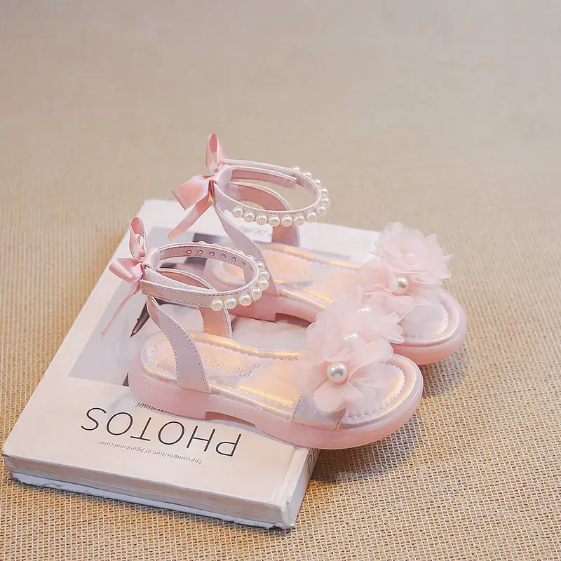 Girls Pearls Sandals with Lace Beaded Princess Kids Gladiator Sandals Princess Sweet 2024 Summer Kids Beach Shoes Back Bow-knot