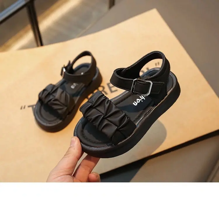 Girls Pleated Sandals Simple Open Toes Kids Princess Mary Janes Shoes for Party Wedding Children Summer Beach Shoes Thick Bottom