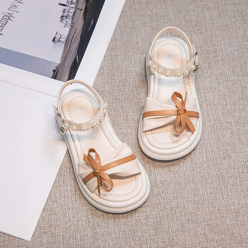 Girls Sweet Princess Sandals Soft Bottom Children Summer Beach Shoes Non-Slip Soft Sole Kids Flats Beading Sandals with Bow-knot