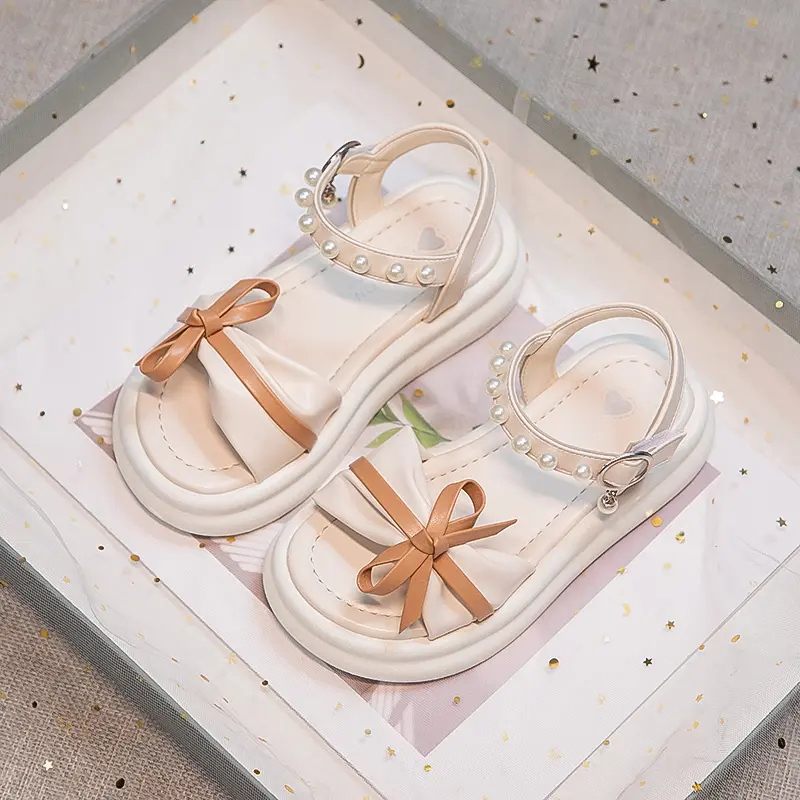 Girls Sweet Princess Sandals Soft Bottom Children Summer Beach Shoes Non-Slip Soft Sole Kids Flats Beading Sandals with Bow-knot