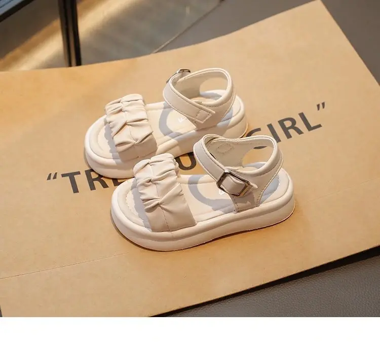 Girls Pleated Sandals Simple Open Toes Kids Princess Mary Janes Shoes for Party Wedding Children Summer Beach Shoes Thick Bottom