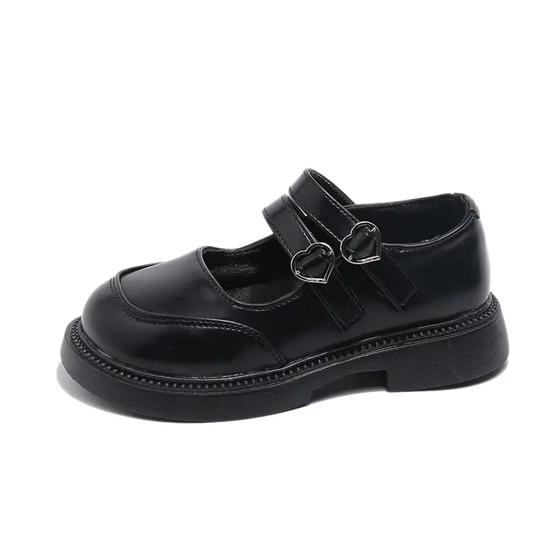 Fashion Girls Leather Shoes Back To School Black Party Wedding Flats for Wedding Party with Heart Buckle Princess Kids Shoes New