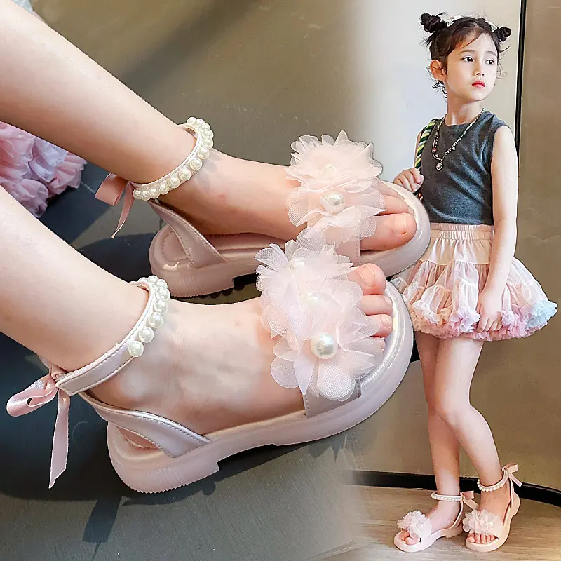 Girls Pearls Sandals with Lace Beaded Princess Kids Gladiator Sandals Princess Sweet 2024 Summer Kids Beach Shoes Back Bow-knot