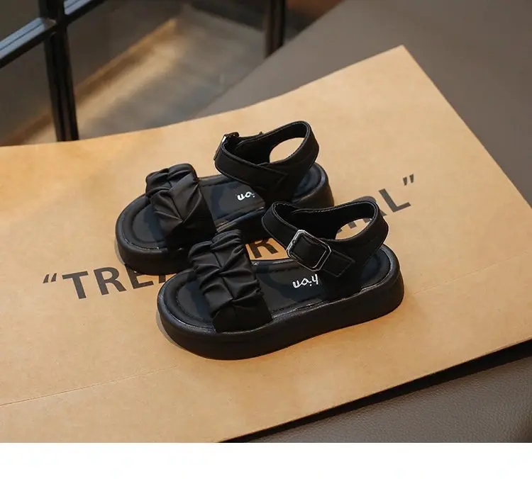 Girls Pleated Sandals Simple Open Toes Kids Princess Mary Janes Shoes for Party Wedding Children Summer Beach Shoes Thick Bottom