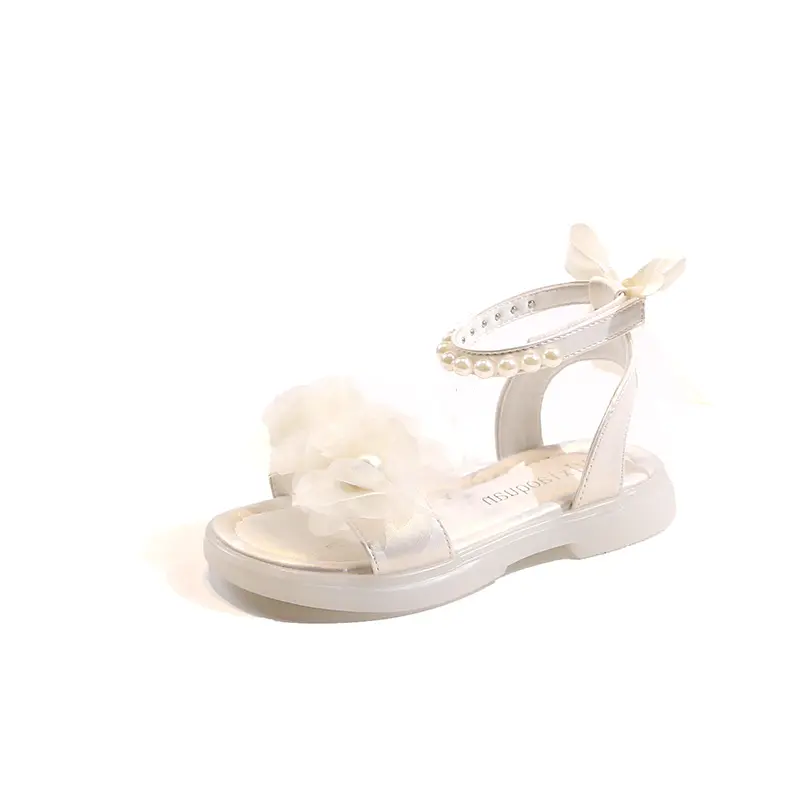 Girls Pearls Sandals with Lace Beaded Princess Kids Gladiator Sandals Princess Sweet 2024 Summer Kids Beach Shoes Back Bow-knot