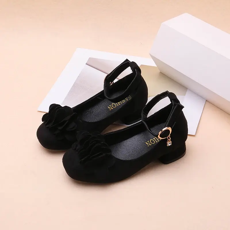 Spring Autumn Kids Performance Leather Shoes Fashion Girls Princess Uniform High Heels Ankle-strap Children Black School Shoes
