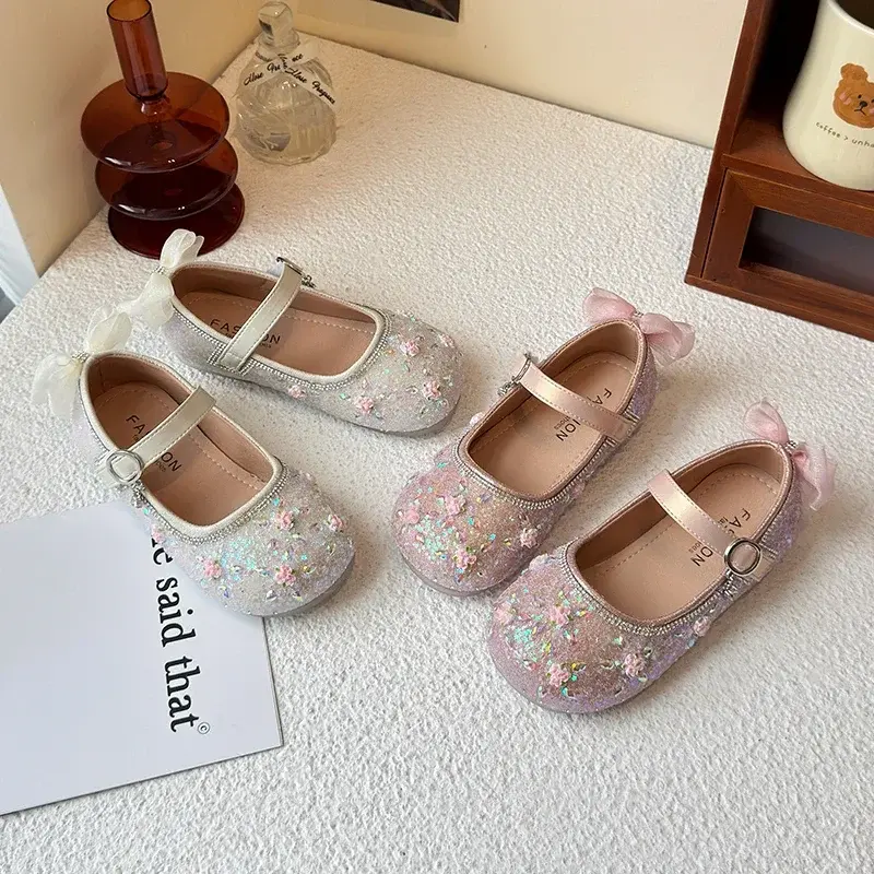 Girls Flats Back Lace Bows Kids Princess Shoes Flowers Sweet 2025 New Children Leather Shoes Round Toes Shiny Sequins Non-slip