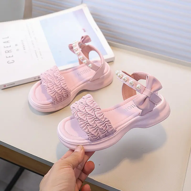 Girl Summer Sandals Sweet Bowknot Children Princess Pearl Shoes Candy Color Kids Fashion Causal Dress Sandals Thick Bottom New