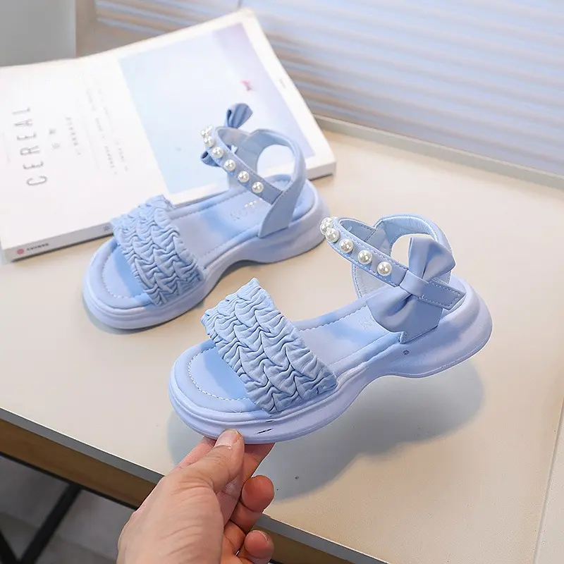 Girl Summer Sandals Sweet Bowknot Children Princess Pearl Shoes Candy Color Kids Fashion Causal Dress Sandals Thick Bottom New
