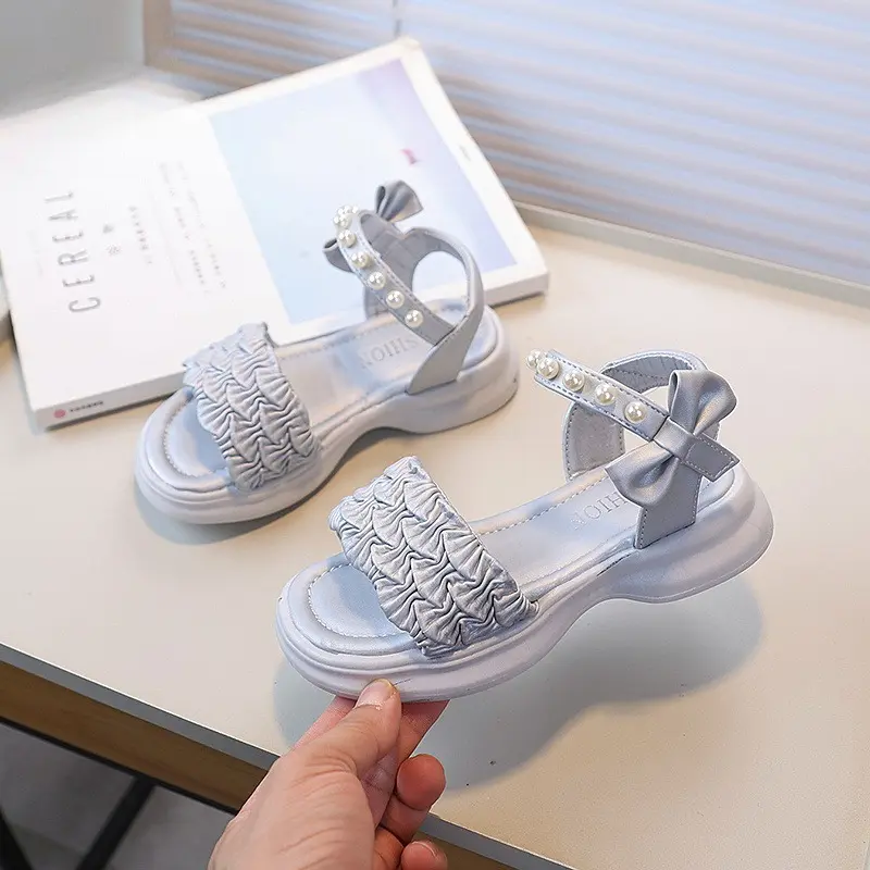 Girl Summer Sandals Sweet Bowknot Children Princess Pearl Shoes Candy Color Kids Fashion Causal Dress Sandals Thick Bottom New
