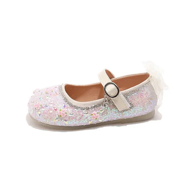 Girls Flats Back Lace Bows Kids Princess Shoes Flowers Sweet 2025 New Children Leather Shoes Round Toes Shiny Sequins Non-slip