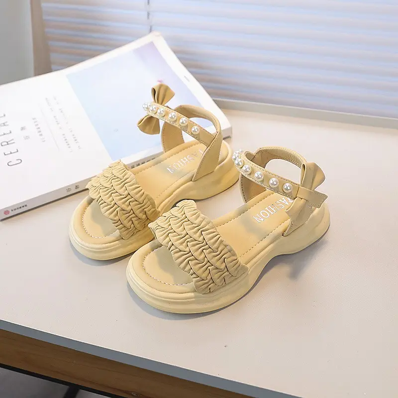 Girl Summer Sandals Sweet Bowknot Children Princess Pearl Shoes Candy Color Kids Fashion Causal Dress Sandals Thick Bottom New
