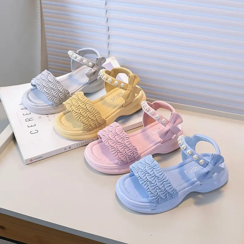 Girl Summer Sandals Sweet Bowknot Children Princess Pearl Shoes Candy Color Kids Fashion Causal Dress Sandals Thick Bottom New