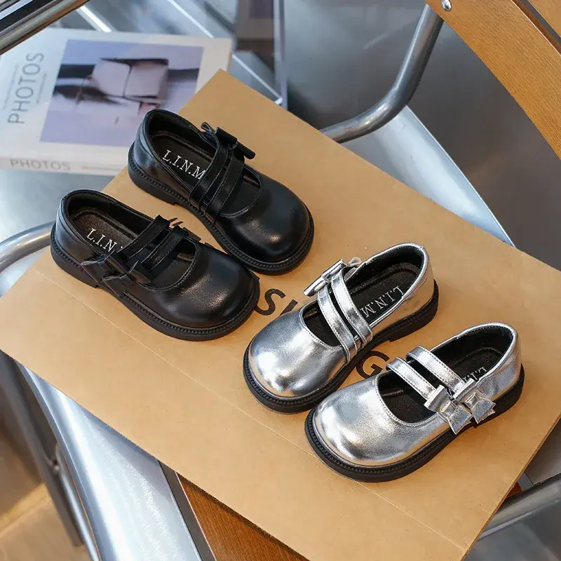 Girls Princess Leather Shoes Kids Side Bowknot Silver Causal Shoes Fashion Versatile Children Mary Jane Shoes Spring Autumn Chic
