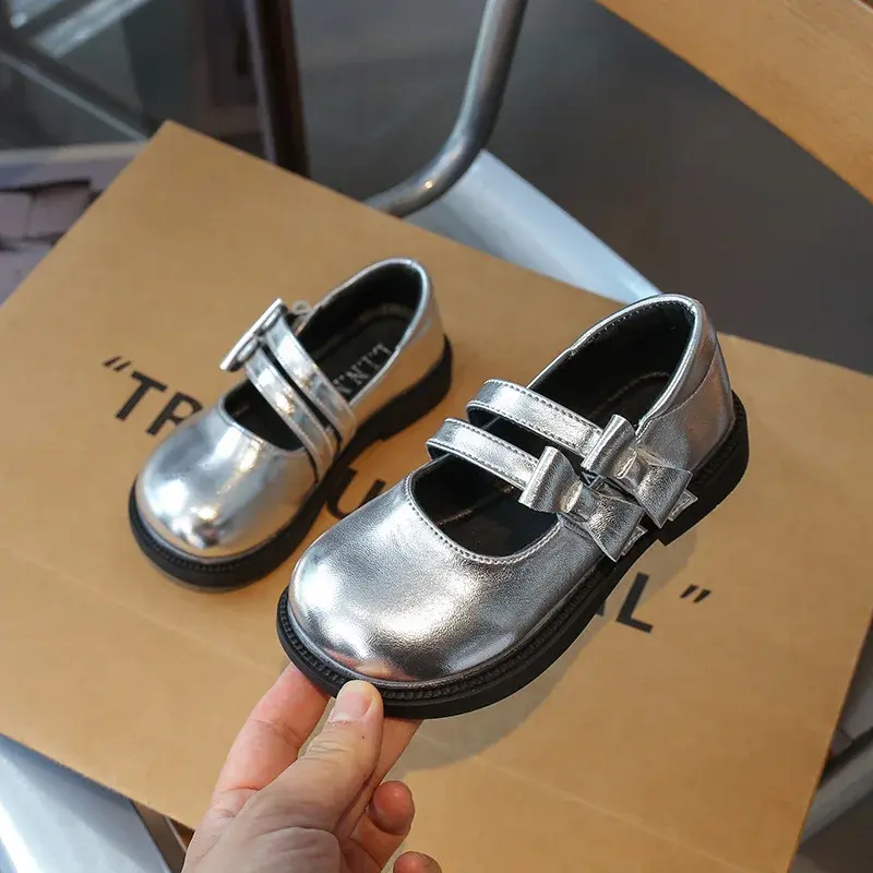 Girls Princess Leather Shoes Kids Side Bowknot Silver Causal Shoes Fashion Versatile Children Mary Jane Shoes Spring Autumn Chic