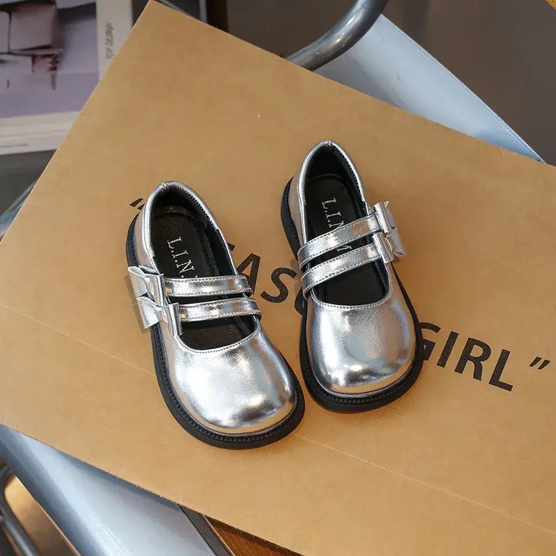 Girls Princess Leather Shoes Kids Side Bowknot Silver Causal Shoes Fashion Versatile Children Mary Jane Shoes Spring Autumn Chic