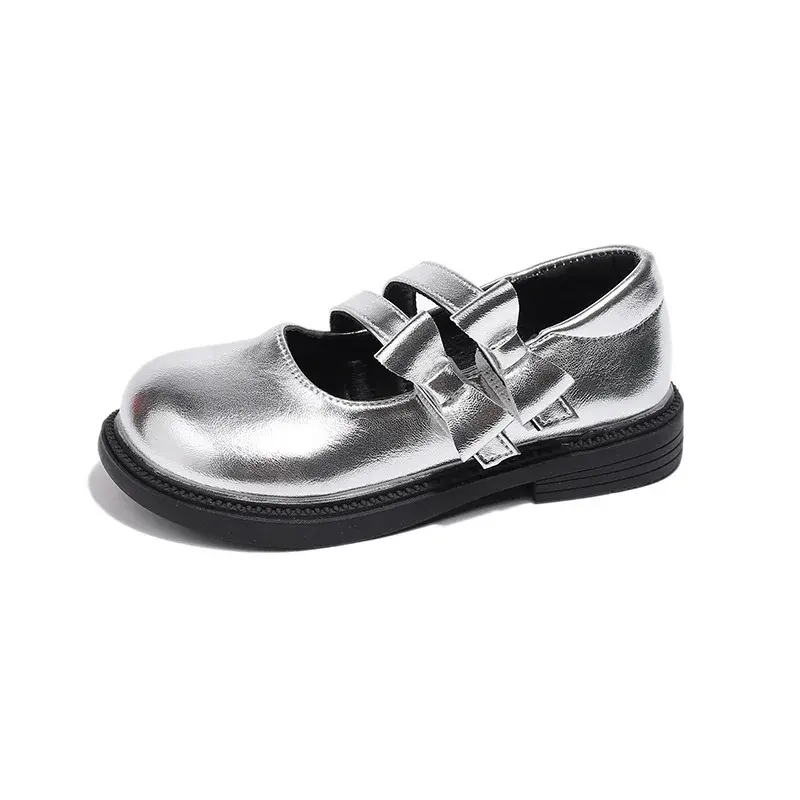 Girls Princess Leather Shoes Kids Side Bowknot Silver Causal Shoes Fashion Versatile Children Mary Jane Shoes Spring Autumn Chic