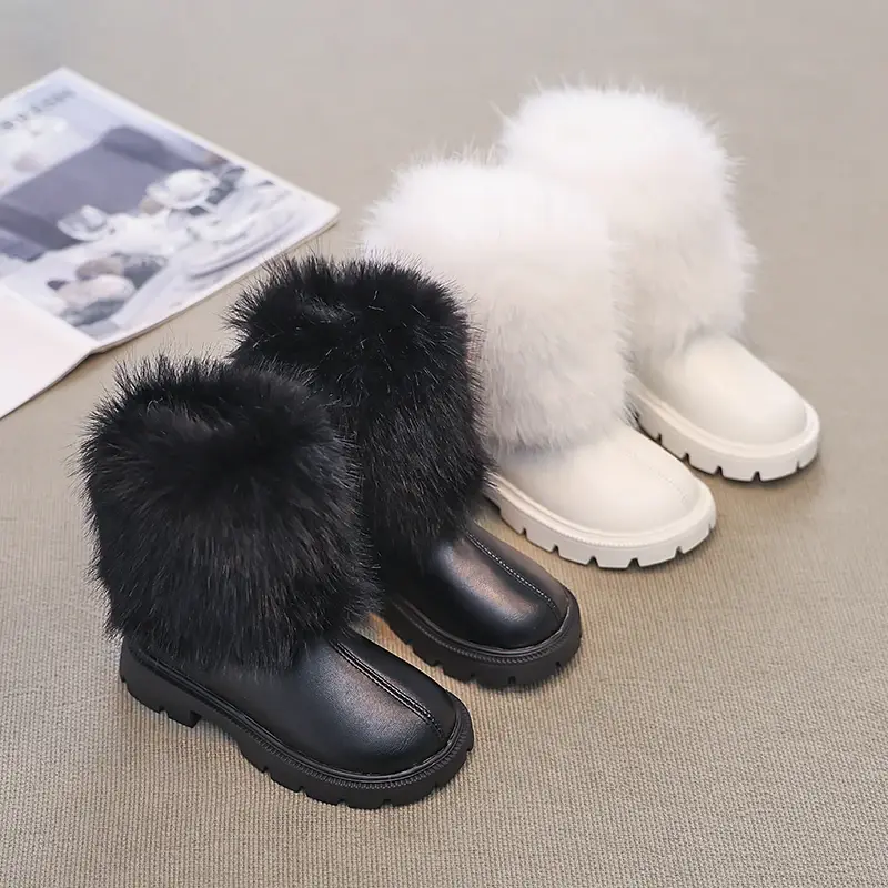 Girls Short Boots Children Fashion Leather Boots British Style Kids Princess Boots Thick Warm Plush Fur 2024 Autumn Winter New