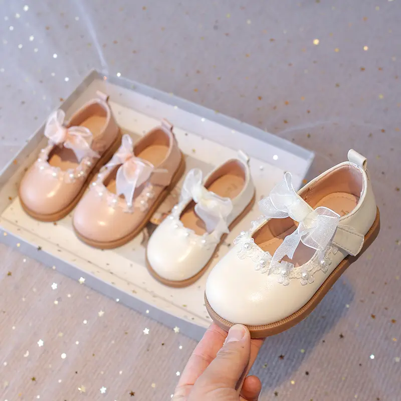 Baby Girls Leather Shoes for Wedding Party Princess Kids Flat Mary Janes Lace Bowtie with Beading 2025 Spring Children Flats New