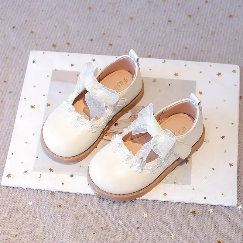 Baby Girls Leather Shoes for Wedding Party Princess Kids Flat Mary Janes Lace Bowtie with Beading 2025 Spring Children Flats New
