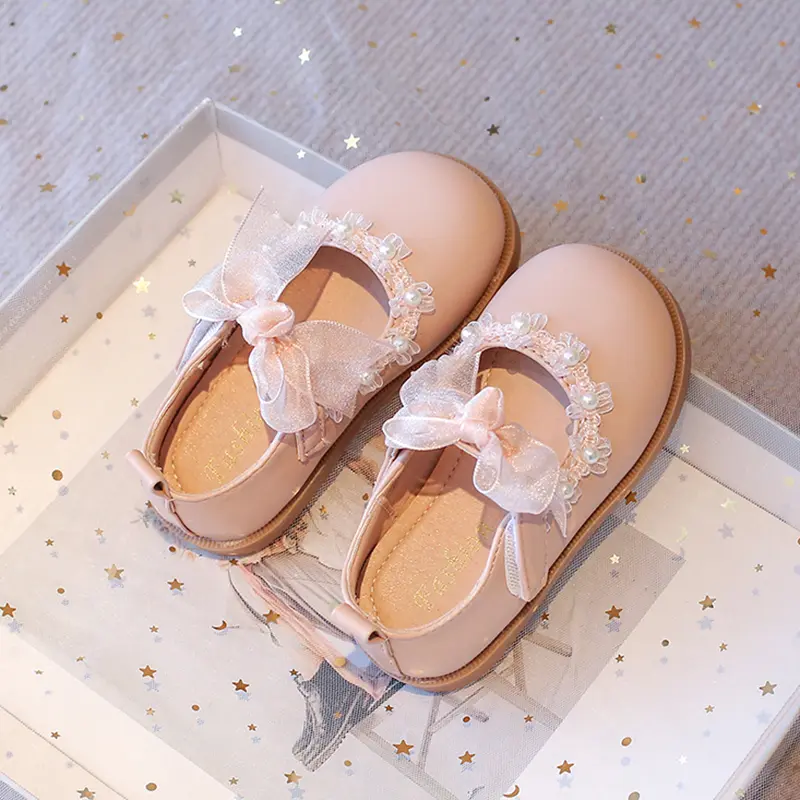 Baby Girls Leather Shoes for Wedding Party Princess Kids Flat Mary Janes Lace Bowtie with Beading 2025 Spring Children Flats New