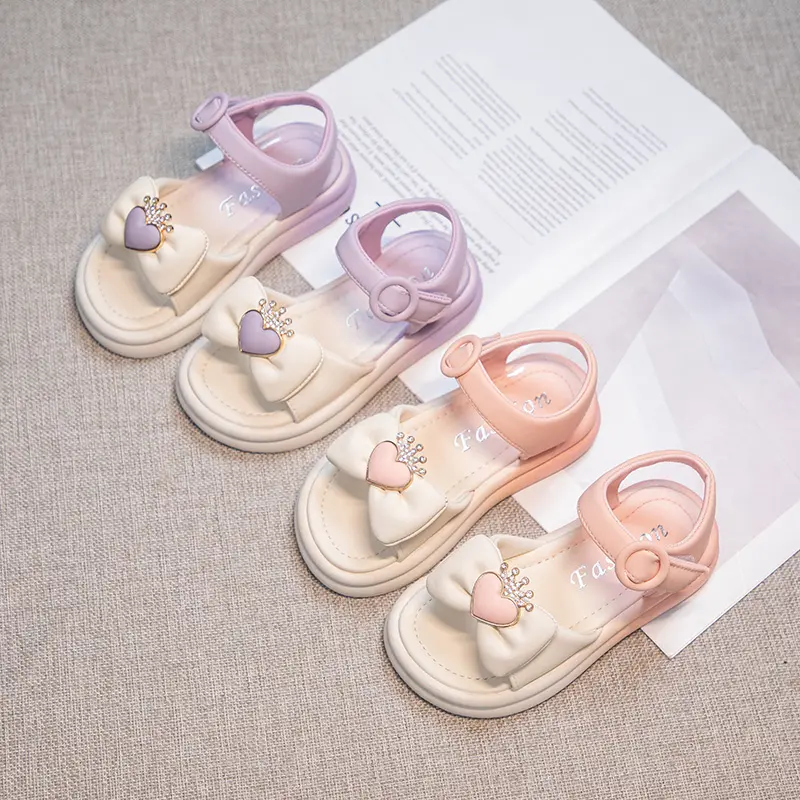 Girls Princess Sandals with Crown Fashion Children Bow-knot Rhinestone Sandals Kids Summer Beach Shoes Anti-Slippery Size 26-37