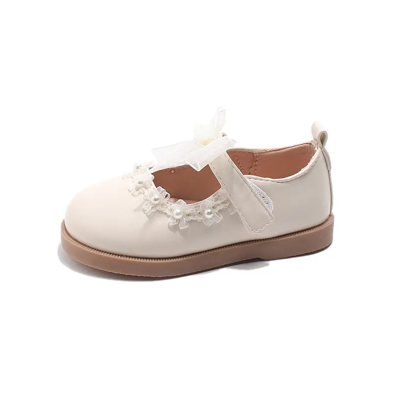Baby Girls Leather Shoes for Wedding Party Princess Kids Flat Mary Janes Lace Bowtie with Beading 2025 Spring Children Flats New