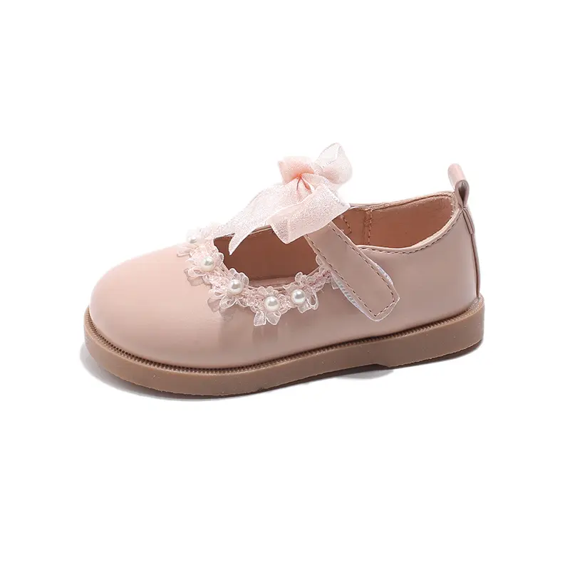 Baby Girls Leather Shoes for Wedding Party Princess Kids Flat Mary Janes Lace Bowtie with Beading 2025 Spring Children Flats New