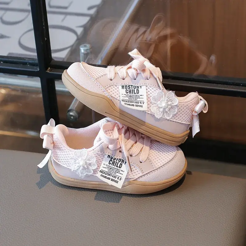 2025 New Girl's Sneakers Fashion Sweet Versatile Children Causal Shoes Mesh Breathable Spring Autumn Kids Running Sneakers Soft