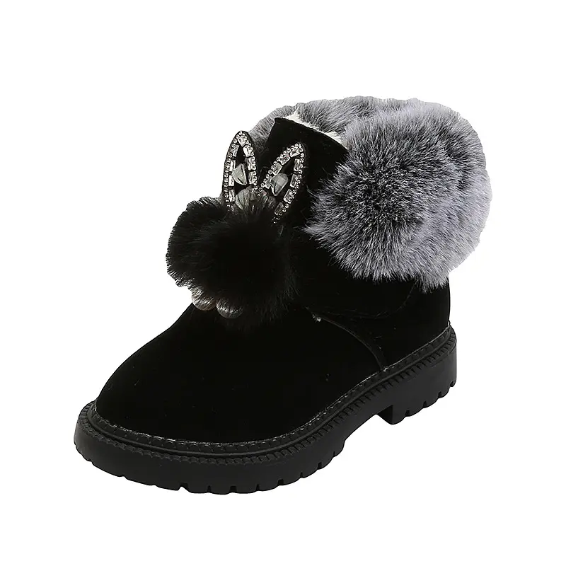 Girls Snow Boots Kids Ankle Boots Sweet Cute Rabbit Ear Crystal Fluffy Smooth Fur Hairy Warm Thick Cotton Children Winter Boots