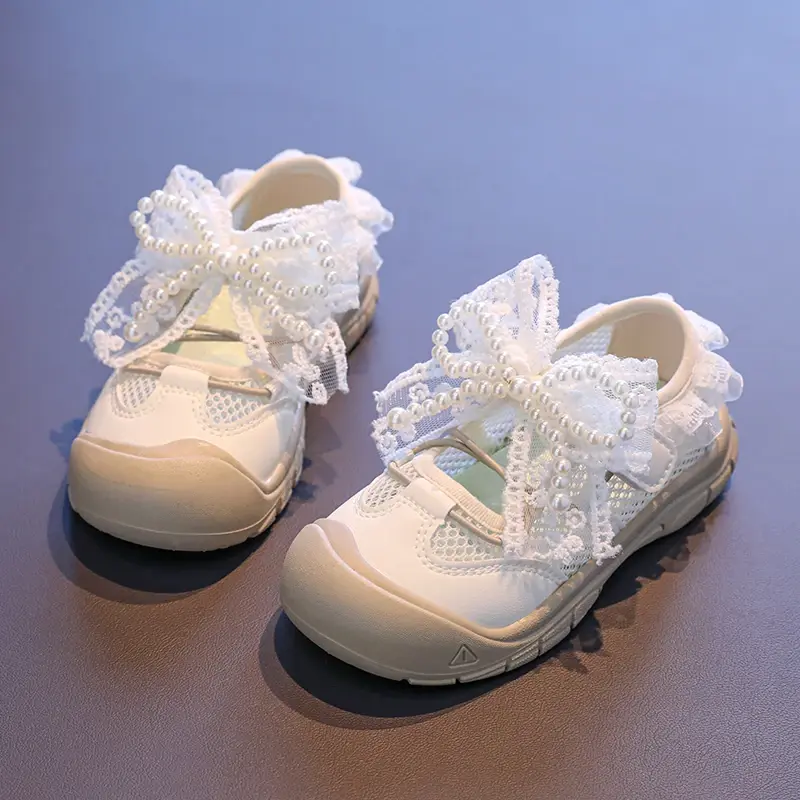 New Children Causal Girls Sports Shoes Summer Breathable Sweet Princess Lace Bowknot Shoes Fashion Kids Mesh Shoes Soft Non-slip