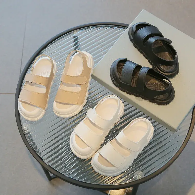 Girls Sandals Boys Beach Shoes 2024 New Kids Fashion Casual Shoes Solid Color Anti-kick Children Beach Sandals for Summer PU