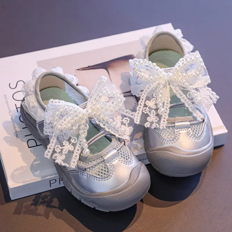 New Children Causal Girls Sports Shoes Summer Breathable Sweet Princess Lace Bowknot Shoes Fashion Kids Mesh Shoes Soft Non-slip