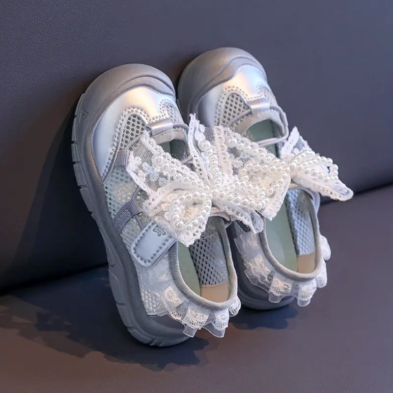 New Children Causal Girls Sports Shoes Summer Breathable Sweet Princess Lace Bowknot Shoes Fashion Kids Mesh Shoes Soft Non-slip