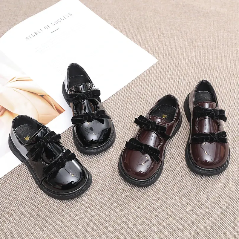 Girls Princess Shoes Black Glossy Kids Leather Shoes Double Bows 2025 Brand New Children Performance Shoes Round Toes Ins Sweet