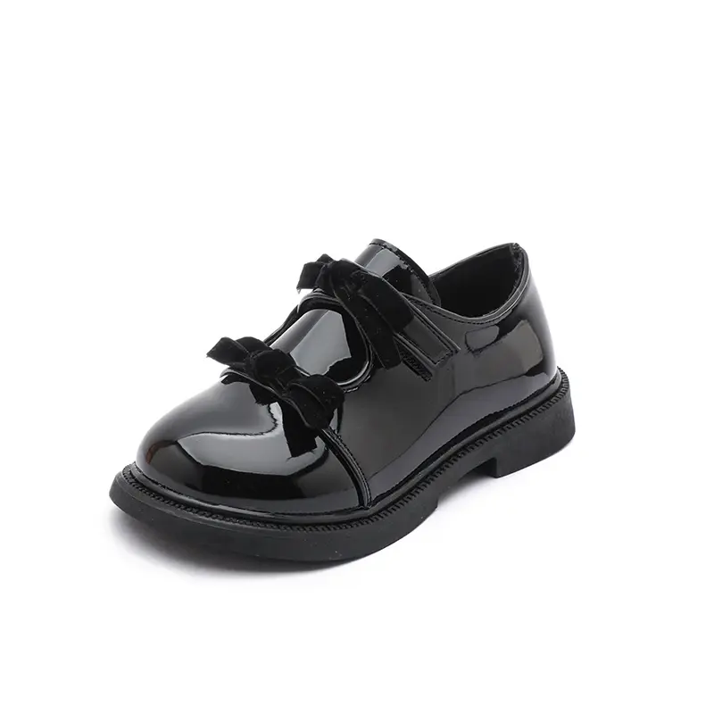 Girls Princess Shoes Black Glossy Kids Leather Shoes Double Bows 2025 Brand New Children Performance Shoes Round Toes Ins Sweet