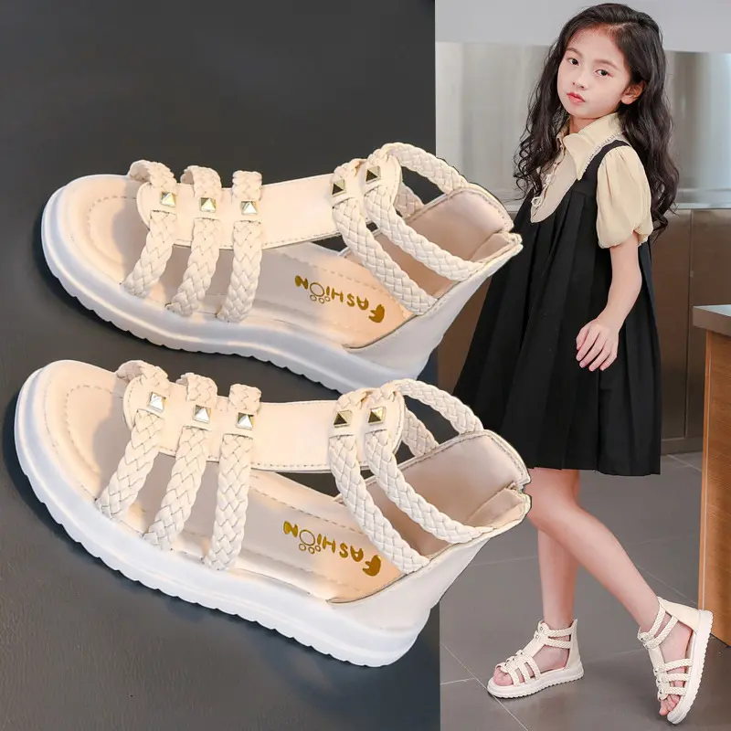 Summer Sandals for Girls 2023 New Versatile Solid Color Korean Style PU Soft Non-slip Flat Casual Weave Roman Shoes for Princess