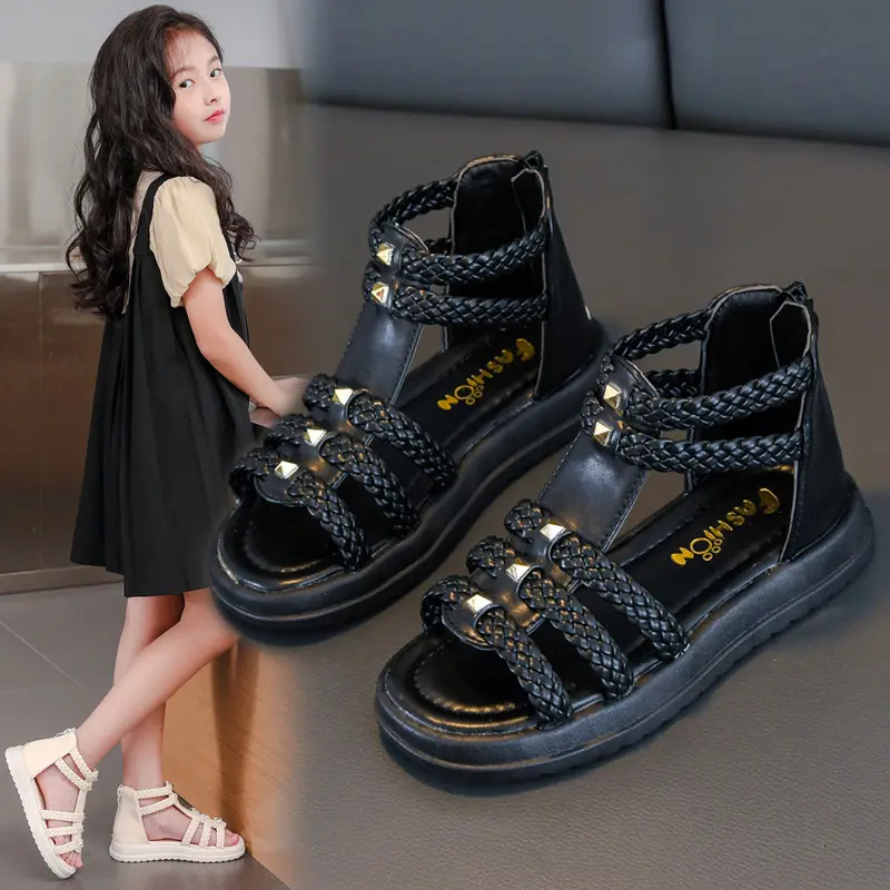 Summer Sandals for Girls 2023 New Versatile Solid Color Korean Style PU Soft Non-slip Flat Casual Weave Roman Shoes for Princess