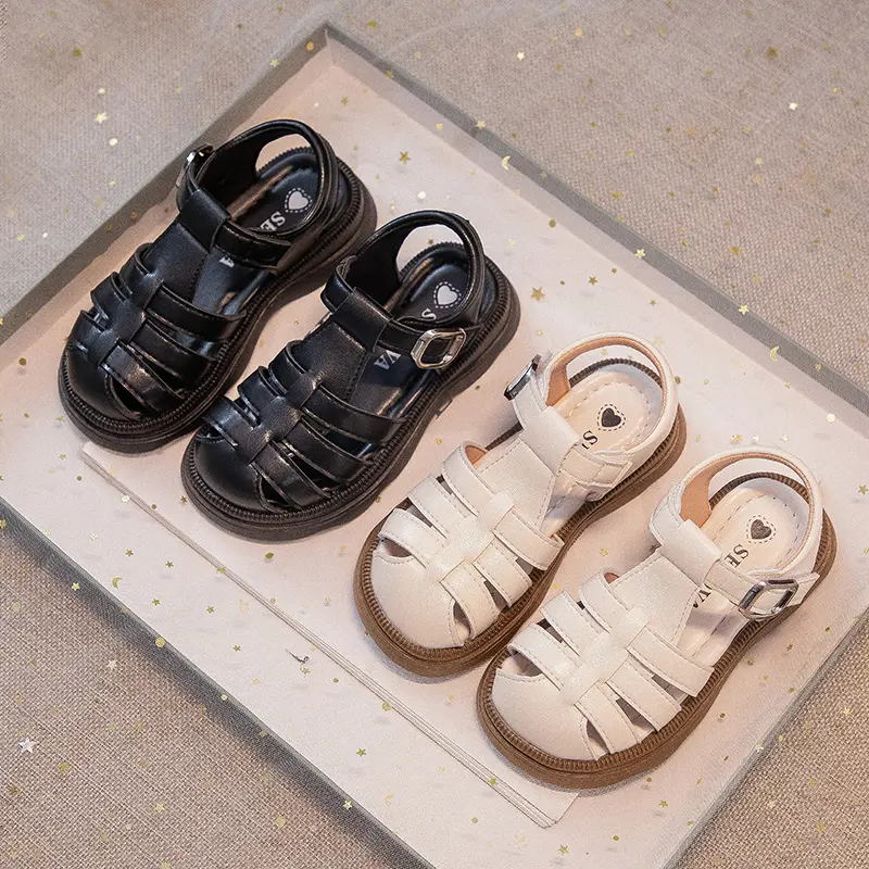 Children Hollow Weave Shoes Boys Girls Roman Shoes British Style Non-slip Fashion Kids Toes Capped Shoes Peep Toe Solid Color