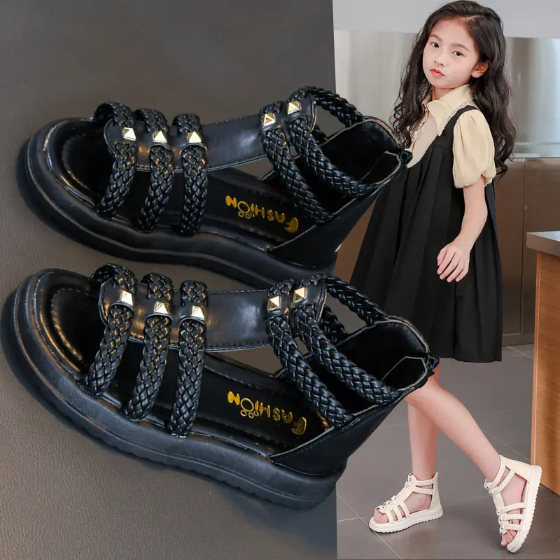Summer Sandals for Girls 2023 New Versatile Solid Color Korean Style PU Soft Non-slip Flat Casual Weave Roman Shoes for Princess