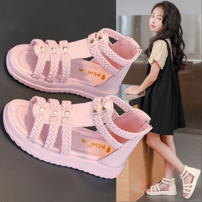 Summer Sandals for Girls 2023 New Versatile Solid Color Korean Style PU Soft Non-slip Flat Casual Weave Roman Shoes for Princess