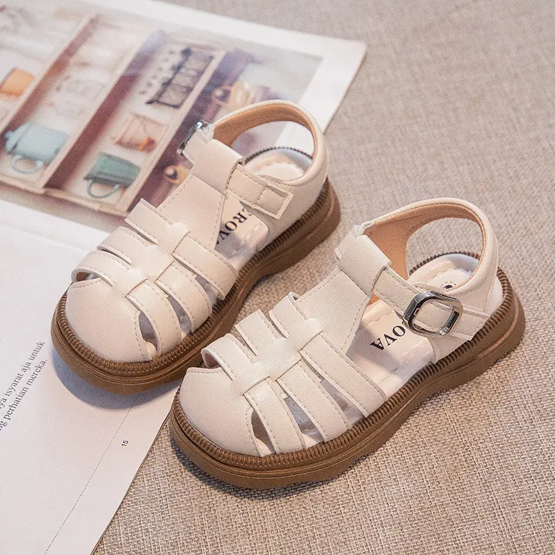 Children Hollow Weave Shoes Boys Girls Roman Shoes British Style Non-slip Fashion Kids Toes Capped Shoes Peep Toe Solid Color