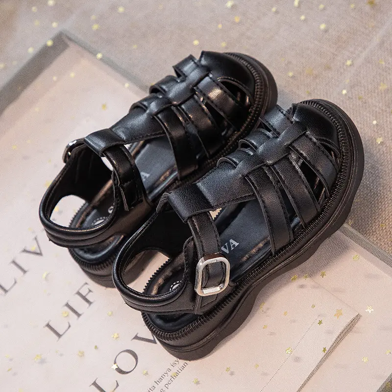 Children Hollow Weave Shoes Boys Girls Roman Shoes British Style Non-slip Fashion Kids Toes Capped Shoes Peep Toe Solid Color