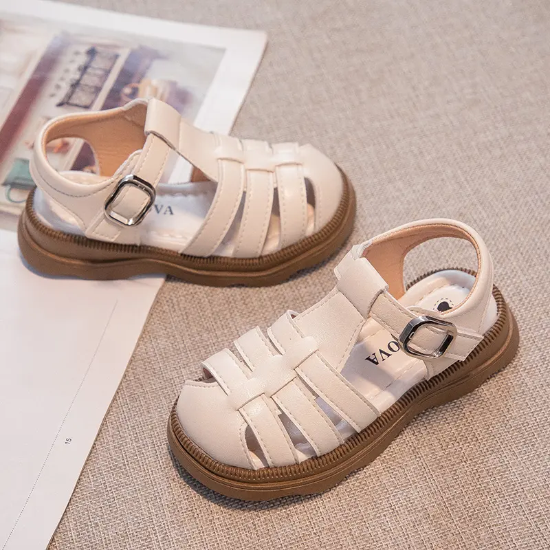 Children Hollow Weave Shoes Boys Girls Roman Shoes British Style Non-slip Fashion Kids Toes Capped Shoes Peep Toe Solid Color