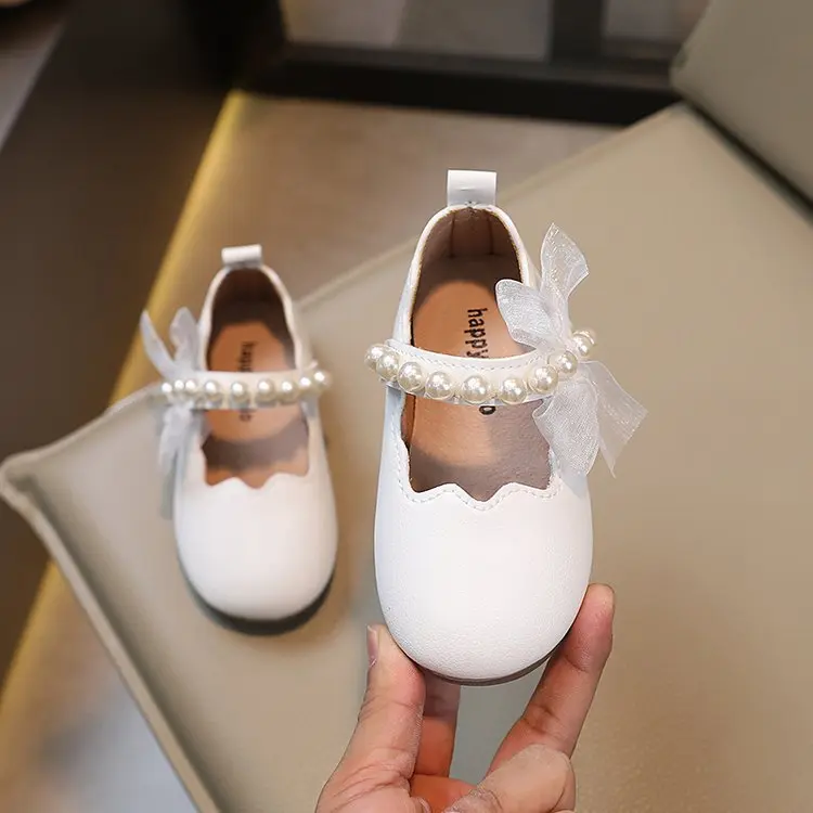 Girls Princess Shoes Spring  Autumn New Baby Soft Sole Flats Children's Pearl Performance Shoes Kids Mary Janes with Lace Sweet